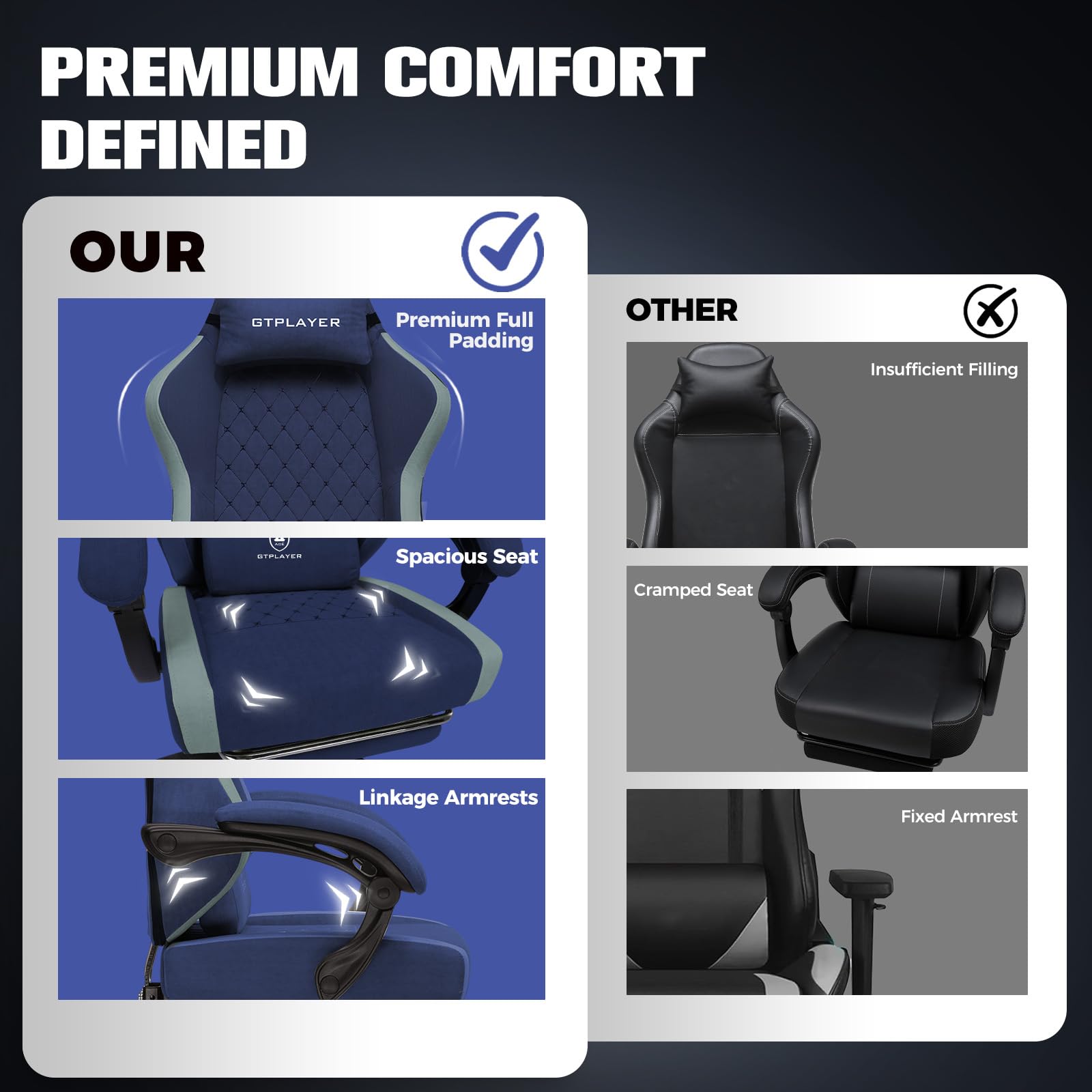 GTPLAYER Sedia da gaming ergonomica, sedia da ufficio in tessuto traspirante, larga e alta, girevole, con poggiapiedi, supporto lombare regolabile e poggiatesta, Blu scuro