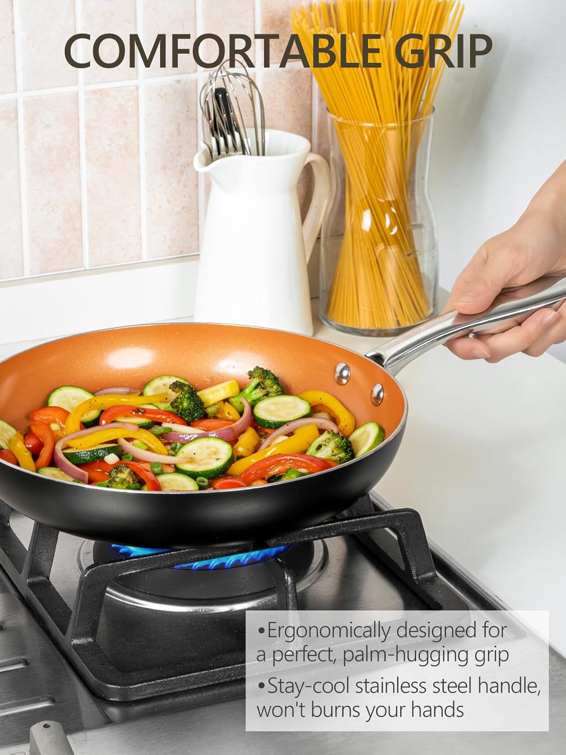 MICHELANGELO 10 Inch Copper Nonstick Frying Pan with Lid, Scratch Resistant Ceramic Coating, Oven and Dishwasher Safe - Image 6