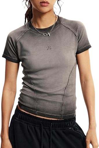 Aelfric Eden Womens Basic T Shirts Summer Tops 2026 Crop Short Sleeve Slim Fit Tee Gradient Color Acid Wash Gym Workout