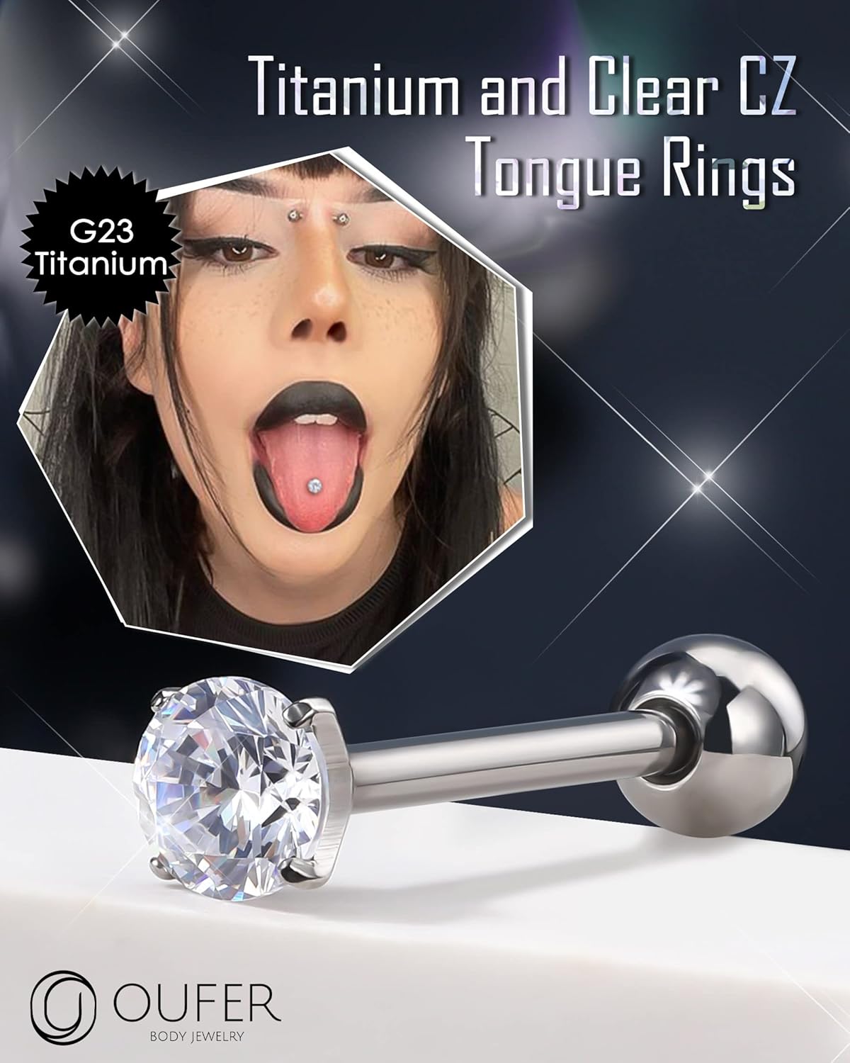 OUFER 14G Tongue Rings - Shiny Clear CZ Barbells, G23 Solid Titanium Piercing Jewelry, Nickel-free for Women Men - Image 2