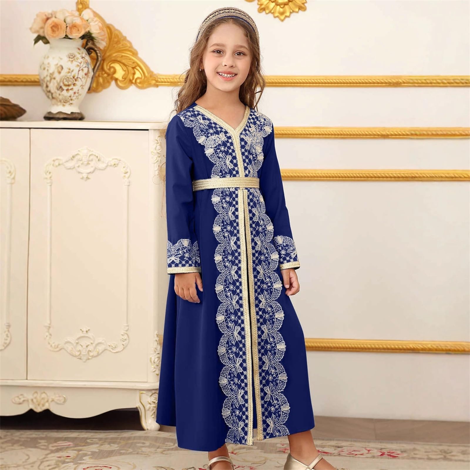 Elegante Vestido Abaya Bordado para niñas, Vestido de Fiesta de Manga Larga con Ribete de Encaje, de Punto piqué, Cintura elástica y Volantes, Ideal para cumpleaños, Verano Estilo Casual