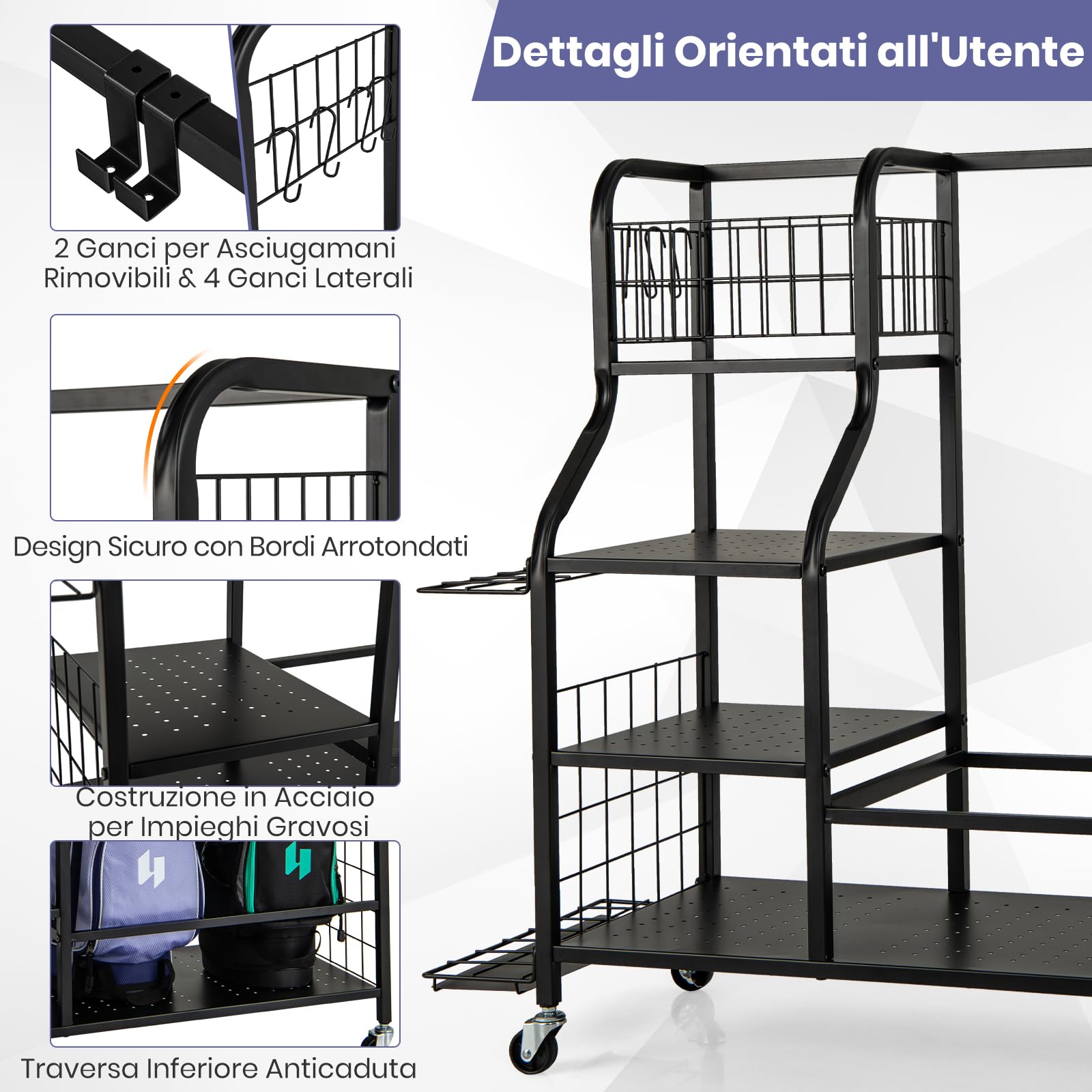 GYMAX Organizzatore per Borsa da Golf, Stand per Borse da Golf con Ripiano a 3 Livelli, Cestino Superiore, Organizzatore per 14 Mazze, 2 Ganci per Asciugamani Rimovibili e 4 Ganci Laterali