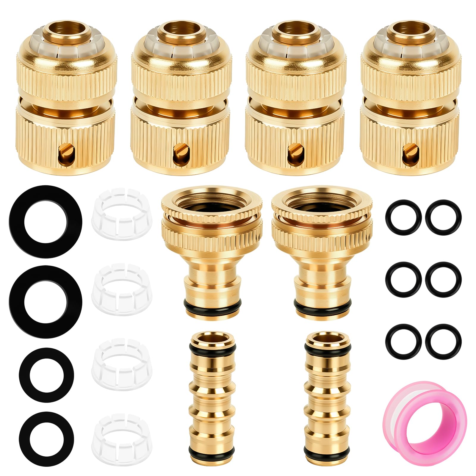 Zymuegist 8PCS Brass Garden Hose Tap Quick Connector Set, Includes 2 Double Male Adapters, 4 Quick Connect 1/2" Hose Ends, 2 Tap Connectors (8PCS Brass)