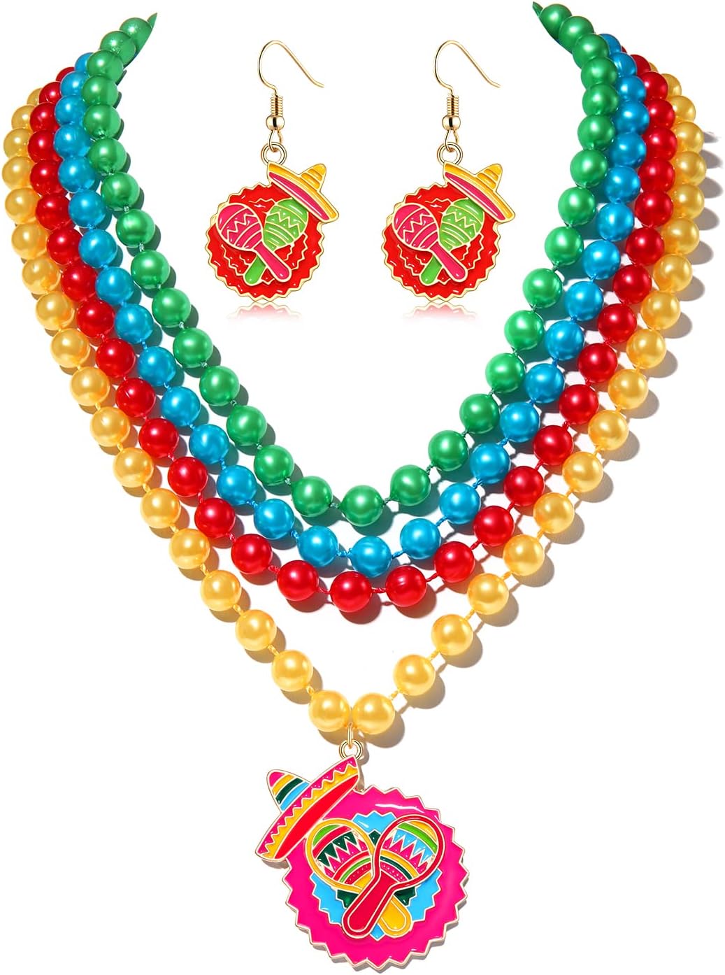Cinco De Mayo Fiesta Necklaces Earrings Mexican Sombrero Cactus Charm Dangle Earrings Statement Layered Plastic Colored Beaded Necklace Fun Taco Tuesday Fiesta Party Costume Decoration for Mexican Festival Carnival Party