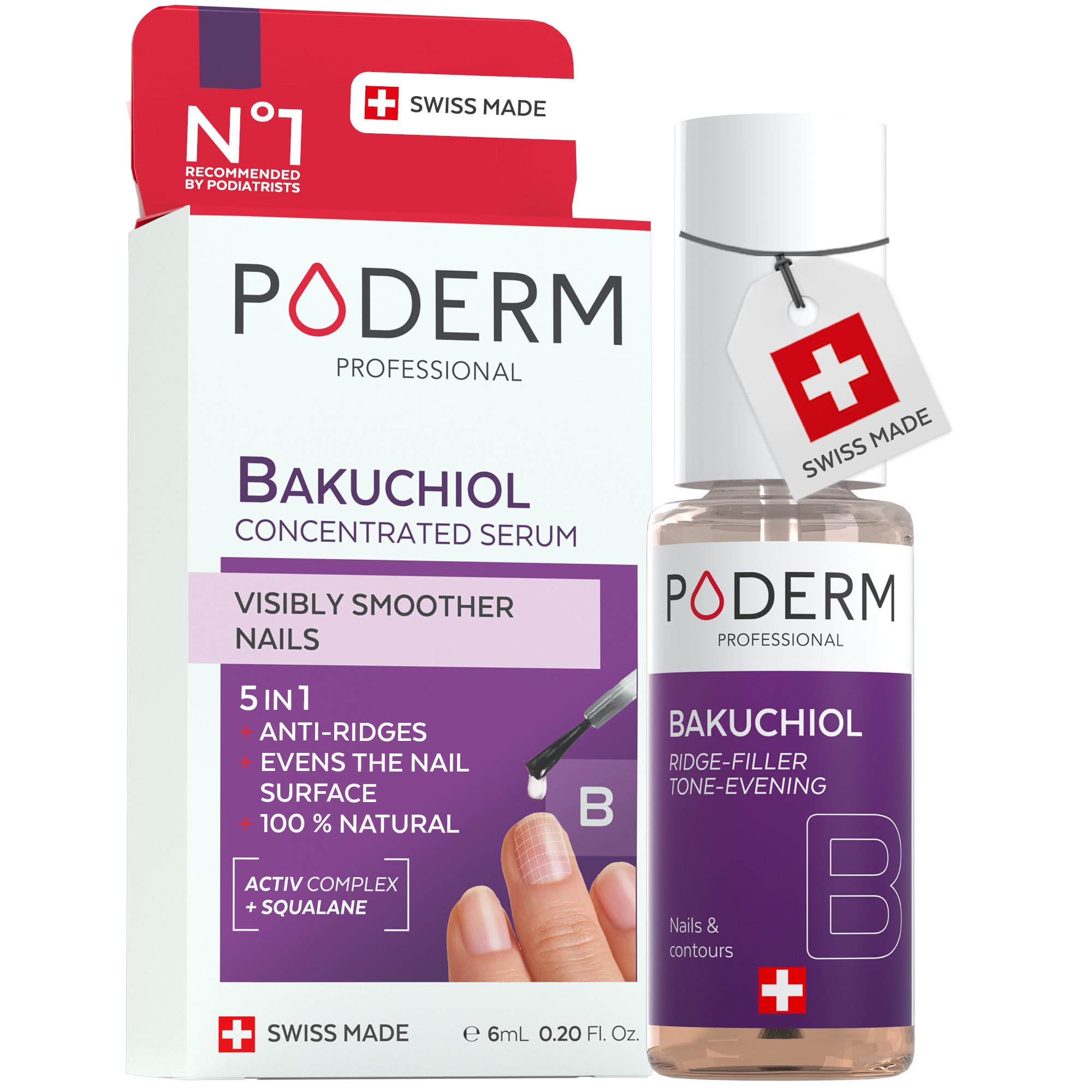 Poderm 5 in 1 Nail Booster Serum - Bakuchiol | Nourishes and Strengthens the Surface of Ridged Nails - 6 ML | Smoothing & Hydrating Care | 100% Natural - Developed by a Podiatrist in Switzerland