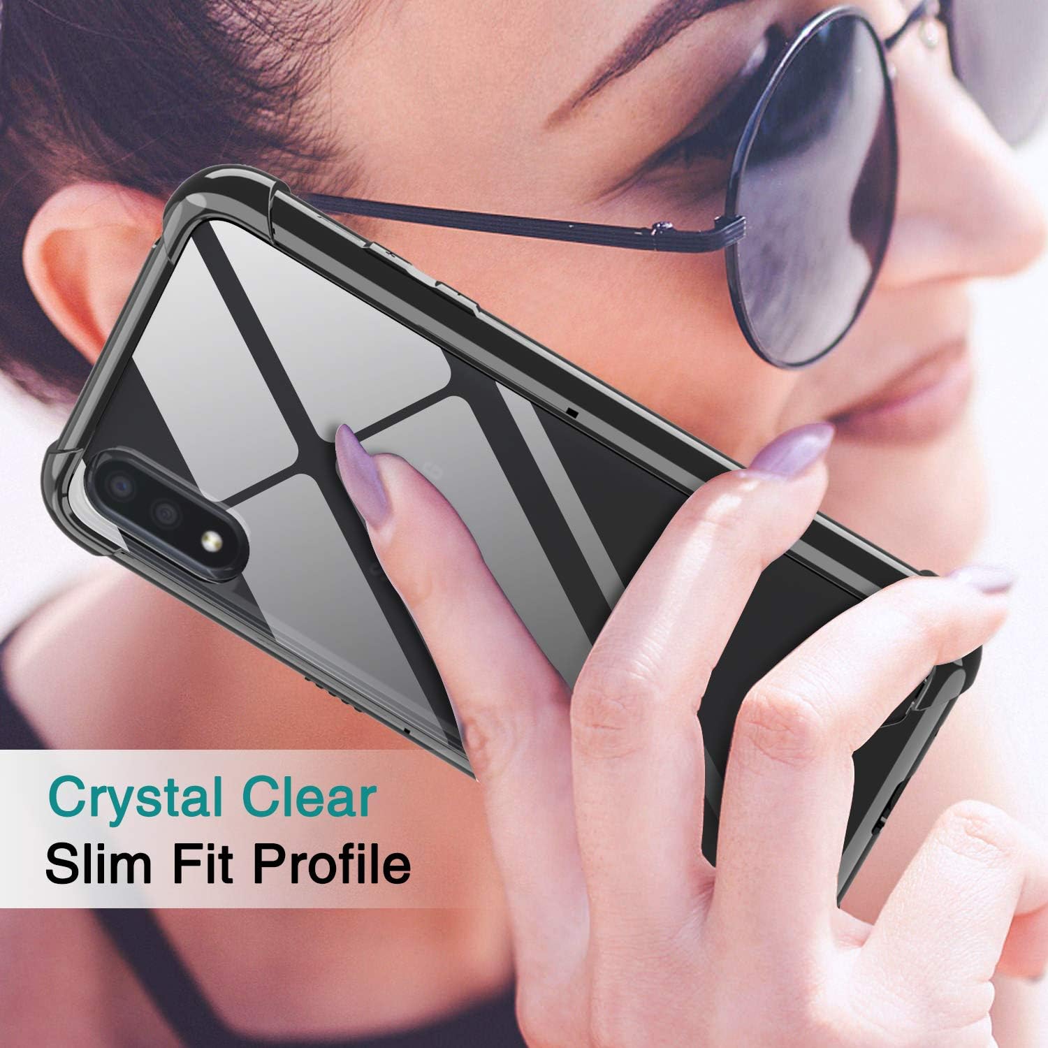 LeYi Compatible with Samsung A01 Case, Samsung Galaxy A01 Case with Glass Screen Protector [2 Pack], Shockproof Crystal Clear Hard PC Bumper Slim Protective Phone Cover Cases for Galaxy A01, Black