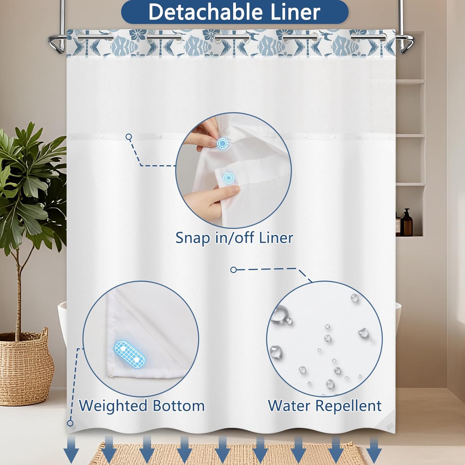No Hook Shower Curtain with Snap in Liner and Weighted Bottom Hem, Sea Turtle Tropical Design Shower Curtains for Bathroom, Double-Layer Waterproof Shower Curtains with Sheer Top Window, 71x74 Inches
