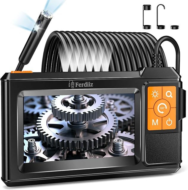 Caméra endoscope double objectif avec lumière, Ferdiiz 1080P HD Boréscope avec 4.3" IPS Écran, IP67 Caméra d'inspection étanche 8+1 réglable LED Lumières, caméra endoscopique flexible-32.8FT 10M câble