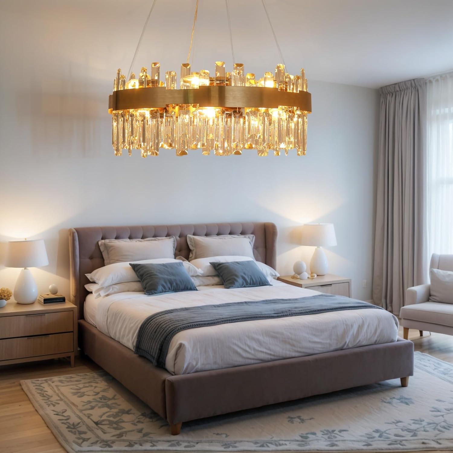 23.6 Inch Modern Gold Crystal Chandelier,16 Lights Luxury Round 2-Tiers K9 Crystal Raindrop Chandelier, Height Adjustable Brass Chandelier for Dining Room Kitchen Island Living Room Foyer
