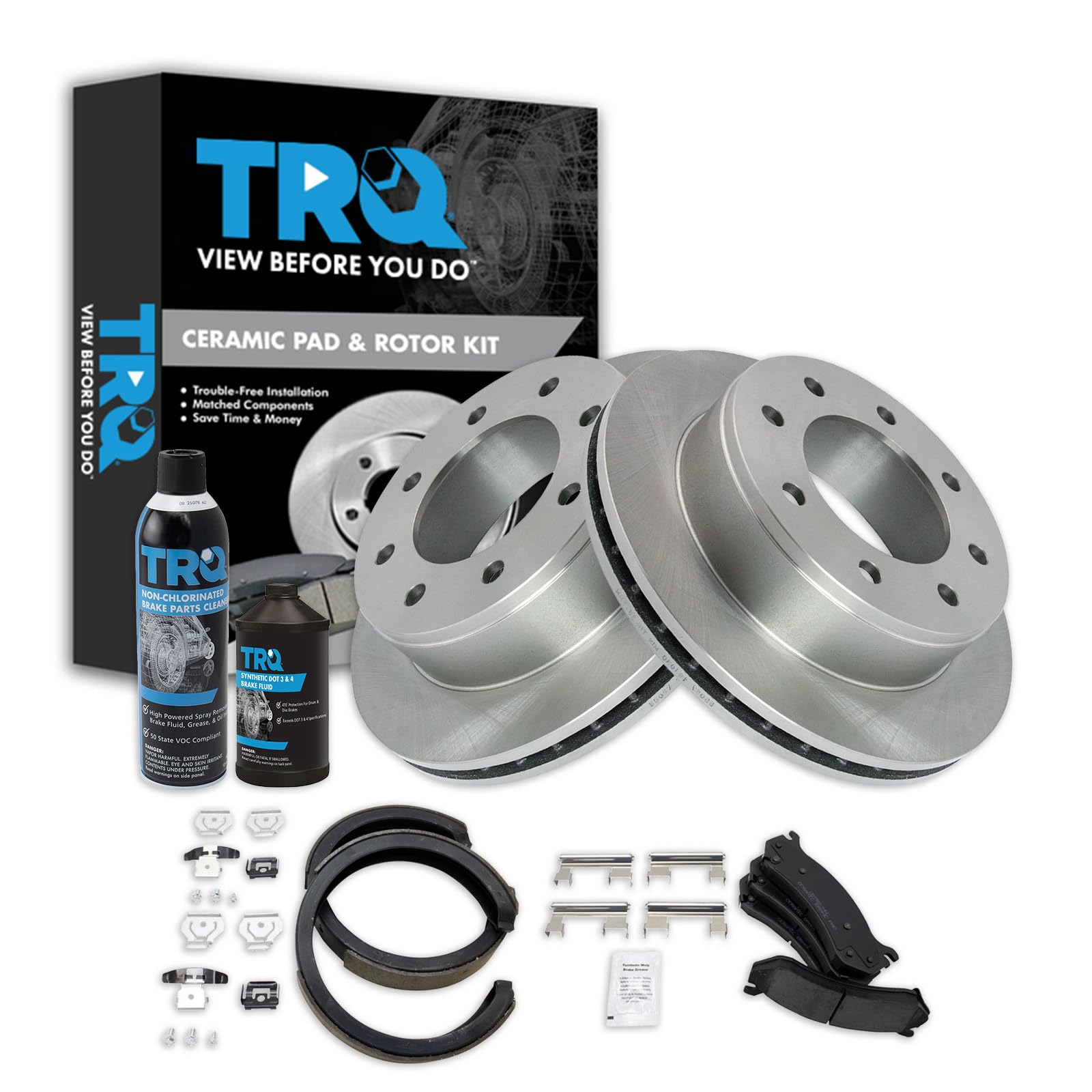 TRQ Rear Brake Pad &amp; Rotor Kit, with Chemical Kit Parking Brake Shoe Set Ceramic Compatible with 2003-2004 Dodge Ram 1500