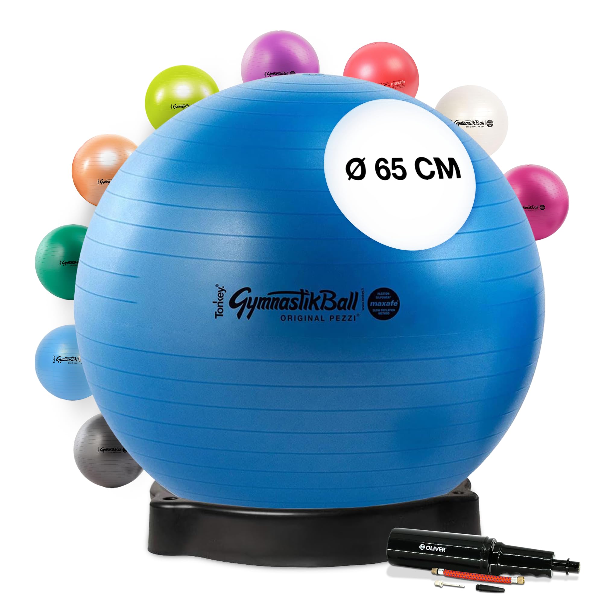 Original Pezziball MAXAFE 65 cm blau m. Ballschale & Pumpe Kombi Gymnastikball