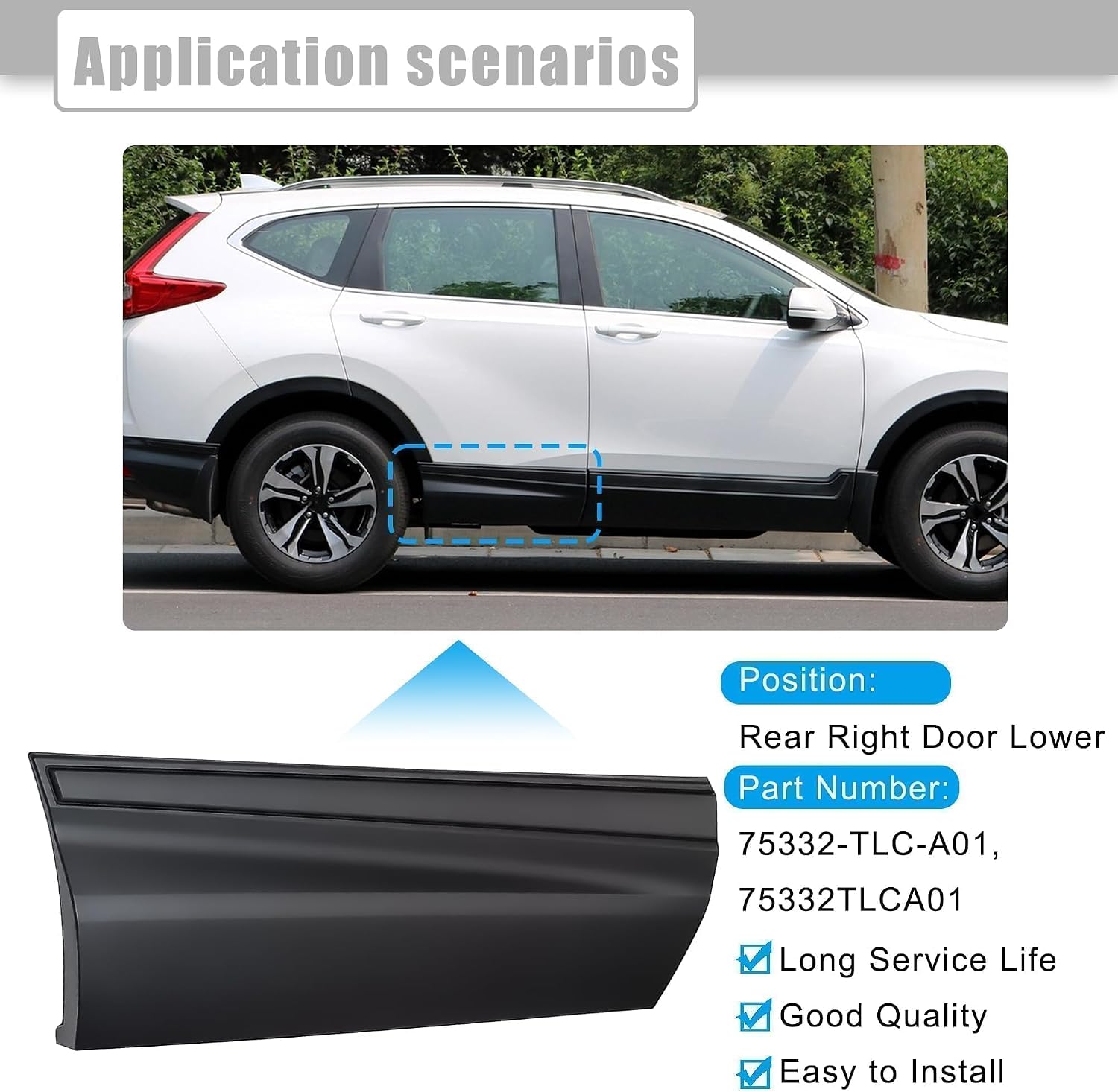 Rear Right Door Lower Molding Door Garnish Without Chrome Trim Fit for Honda CR-V 2017 2018 2019 2020 2021 2022 Replaces 75313-TLC-A01 75313TLCA01 HO1505110 75124