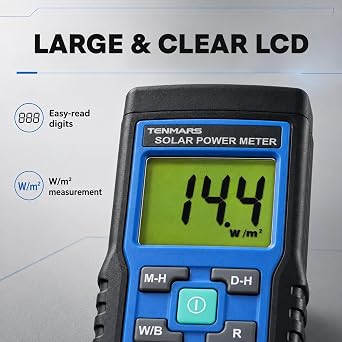 Solar Power Meter, 2000 W/m² Range Handheld Solar Irradiance Meter with Dual Units, MAX/MIN Tracking, Data Hold, Manual Zeroing, Digital Sun Meter for Solar Panel Evaluation and Site Testing