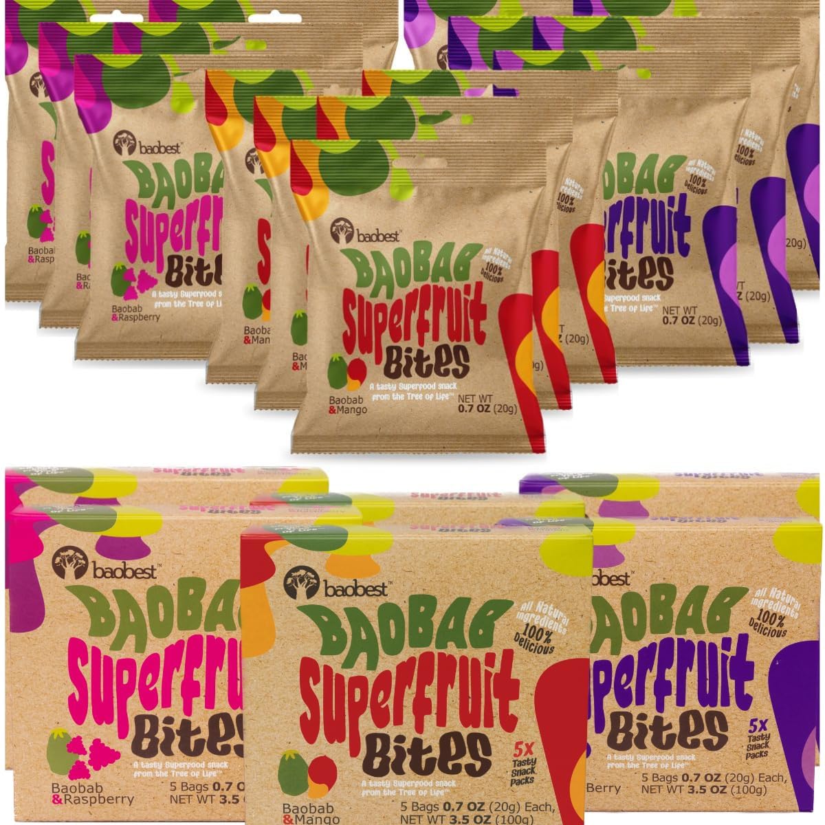 Baobest Superfruit Bites - Baobab Fruit Snack Variety Pack - Berry, Mango, and Raspberry - Vegan, Gluten Free, High in Vitamin C, Preservative-Free,