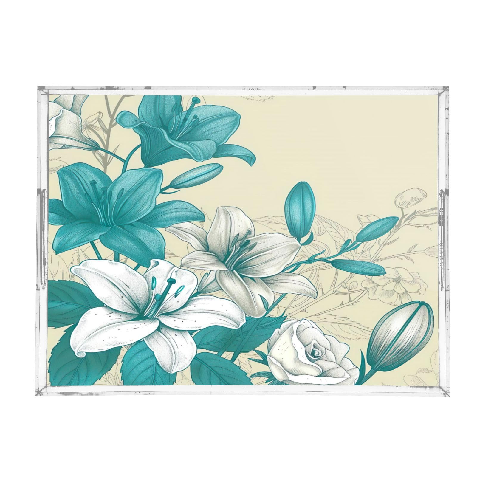 BOESI Doodle Colorful Flower Pattern Acrylic Decorative Dining Tray, Acrylic Decorative Tray Organizer with Handle for Kitchen, Dining Room, Bathroom, Dresser