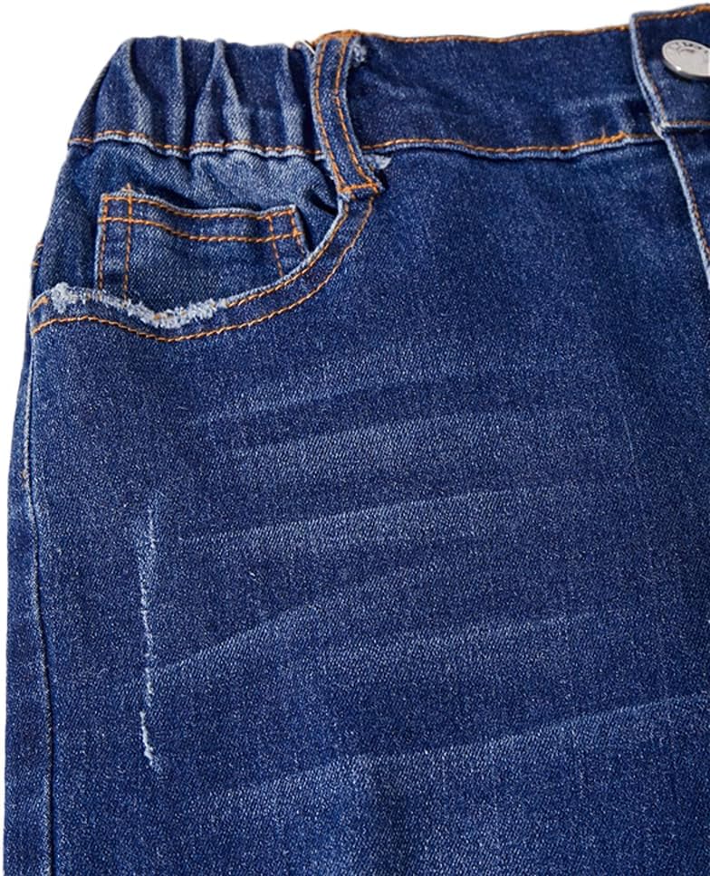 Nivne Tco Tween Boys Blue Jeans Dark Wash Cut Out Ripped Frayed Trousers Elastic Waist Skinny Denim Pants with Zipper Fly