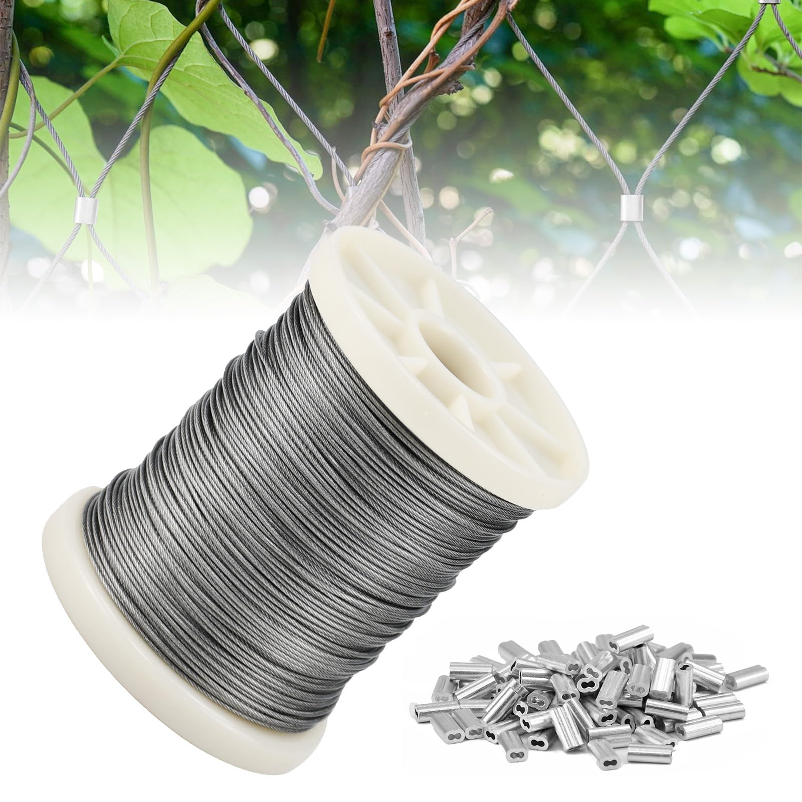 1mm 304 Wire Rope, Stainless Steel Cable Rope, 100m Garden Wires for Climbing Plants, Aircraft Heavy Duty Cable with 100 Aluminum Crimping Sleeves for Fence Wires 7x7 Strand Core