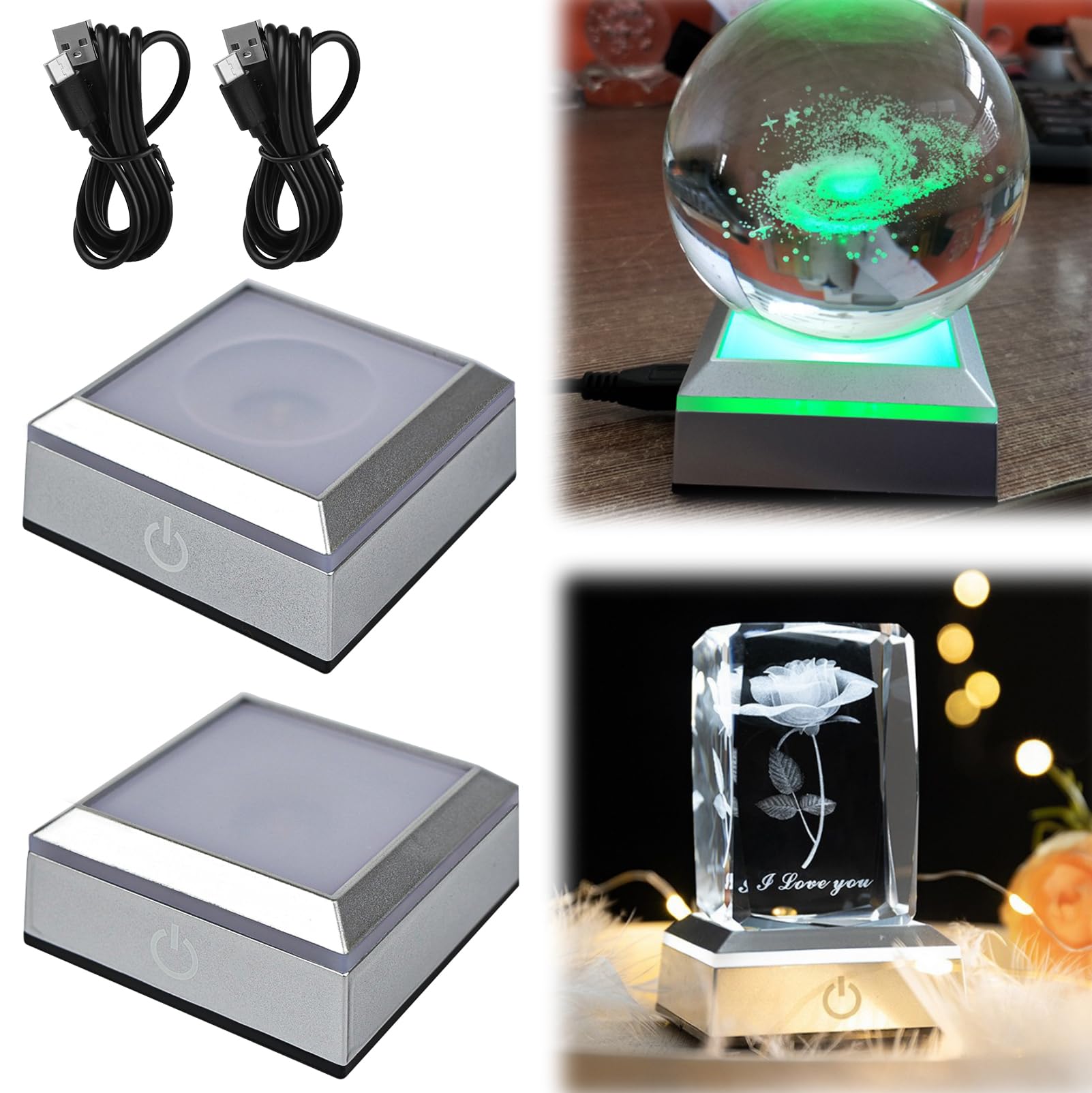 EEEKit Lot De 2 Bases LED Éclairées 6 Couleurs Pour Art En Cristal - Plate Et Concave