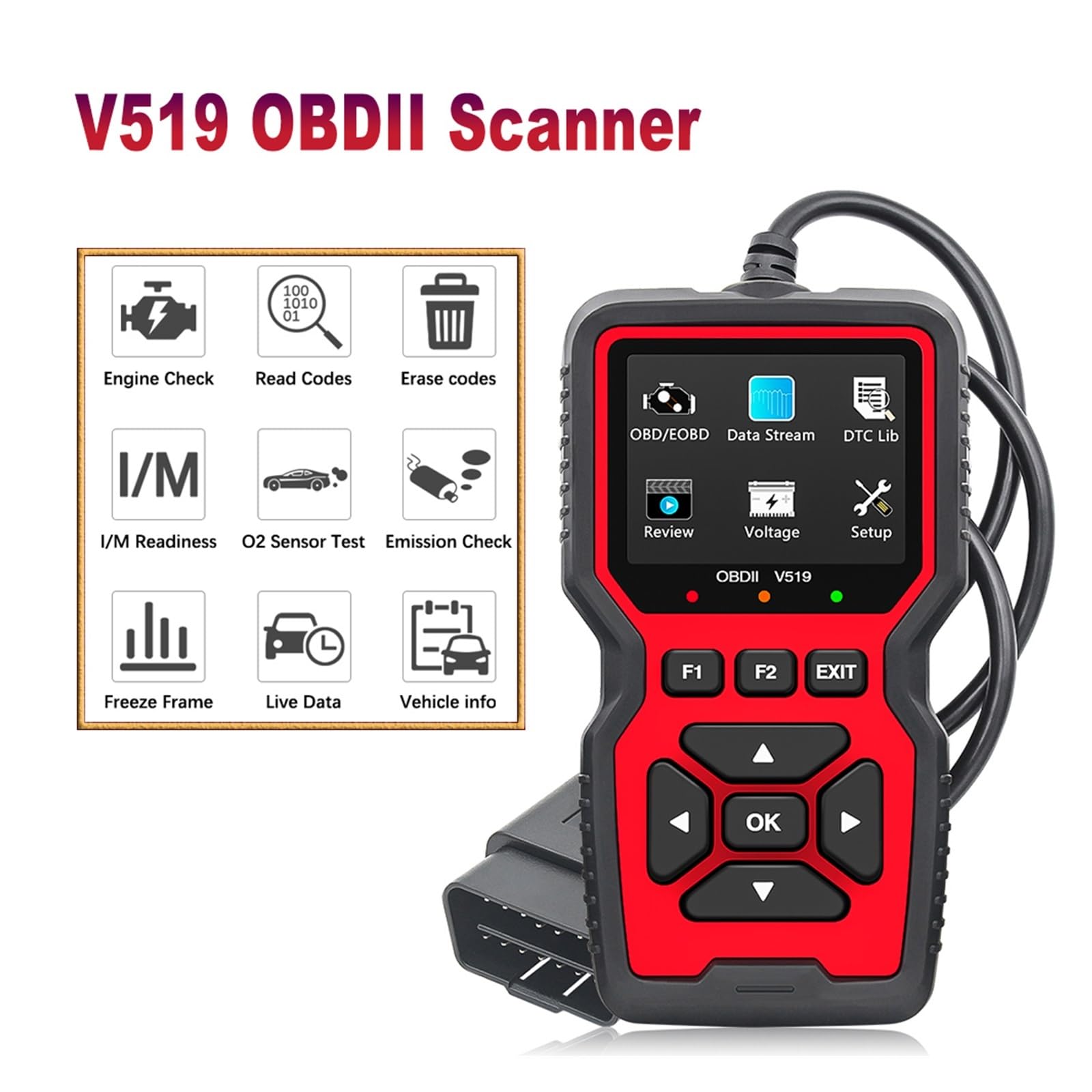 Lector de códigos OBDII V519 Herramienta escaneo diagnóstico for automóvil Probador voltaje ODB2 automotriz Escáner OBD 2 Herramientas for automóviles
