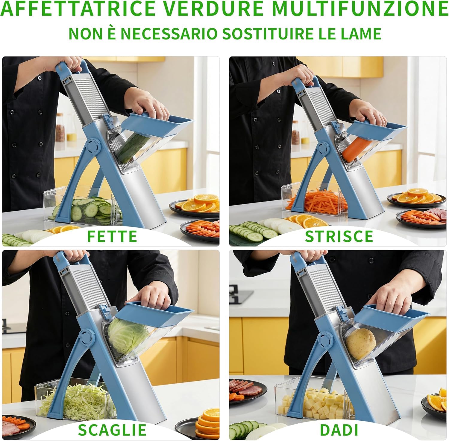 Affettatrice Professionale Mandolina di Verdure, Affettatrice Manuale Verticale con Lame in Acciaio Inox, Spessore Regolabile per Patate Cipolle, Tritaverdure Multifunzionale per Cucina (Blu)