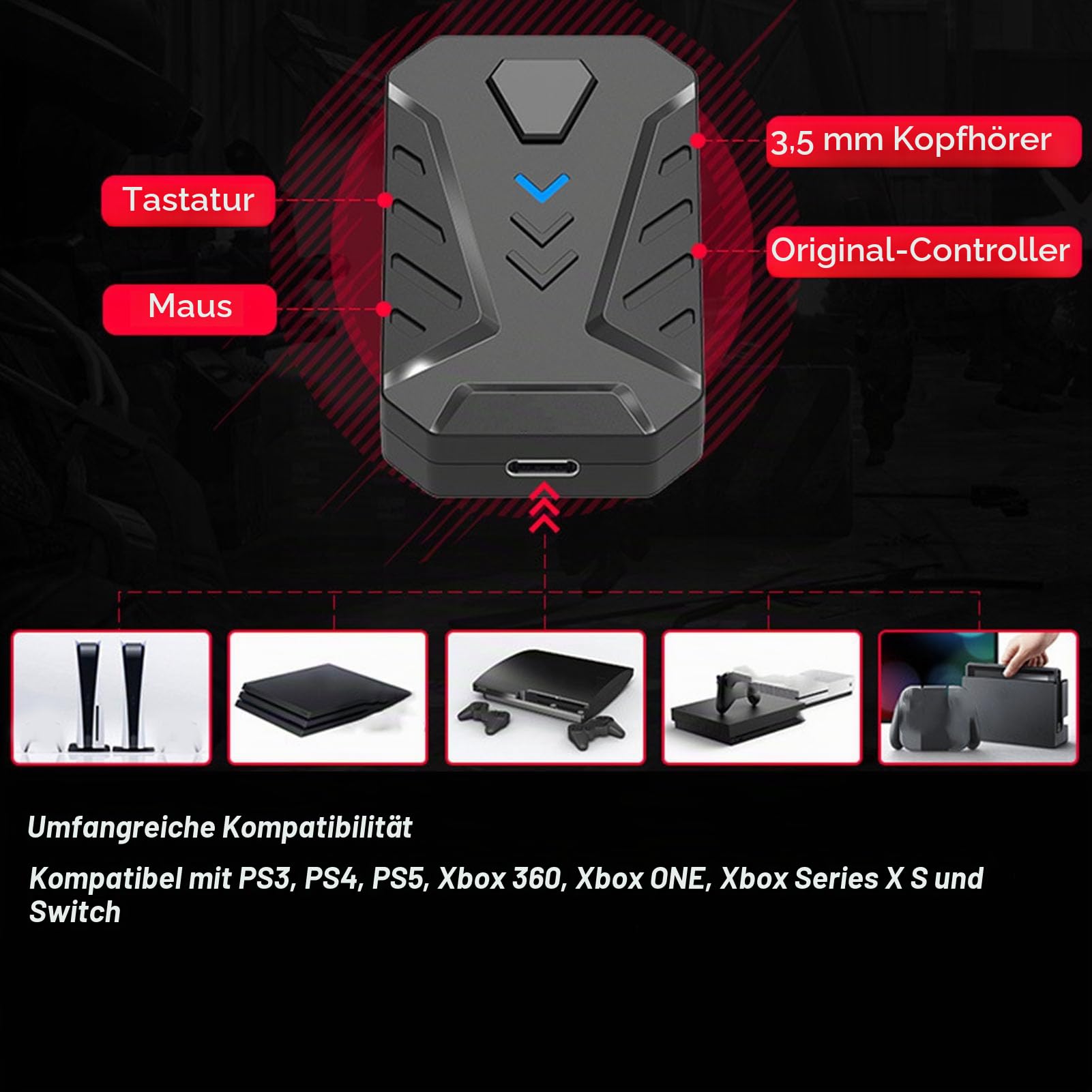 Gaming Tastatur und Maus Tastatur Konverter Set, Kabelgebundener Spielekonsolen Konverter mit 3,5 mm Kopfhöreranschluss, für für, für für, für