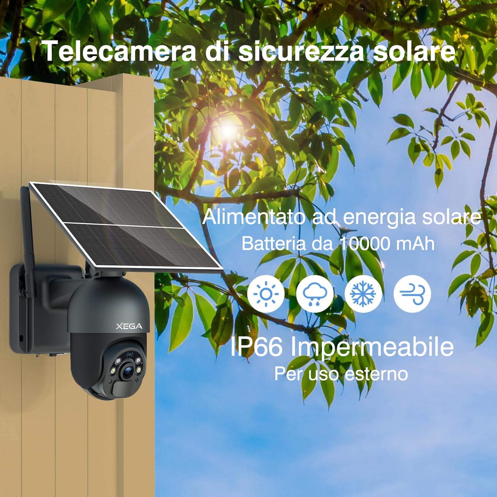 Xega 4G LTE Telecamera Solare Esterno con SIM Scheda 2K HD 355°/95° PTZ Telecamere Senza Fili con Pannello Solare Batterie Visione Notturna Rilevamento del Movimento Audio Bidirezionale Rotazione