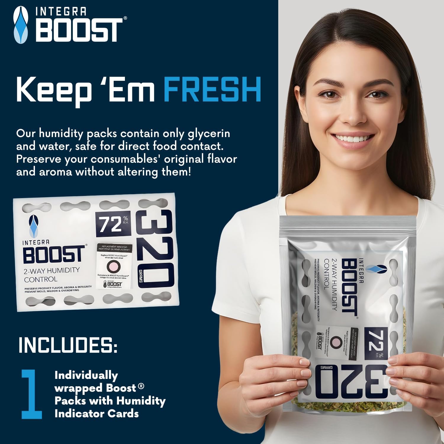 Integra Boost 72% RH, 2 Way Humidity Control Packs – 320g Size for Storing 5 lbs – Pack of 5 | Moisture Absorbers for Small Jars & Containers – Humidifier Packs for Herbs, Spices in Resealable Bag