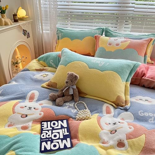 Vista 12 de Juego de funda de edredón a cuadros, funda de edredón floral, funda de edredón esponjosa, funda de edredón Kawaii de dibujos animados de conejo