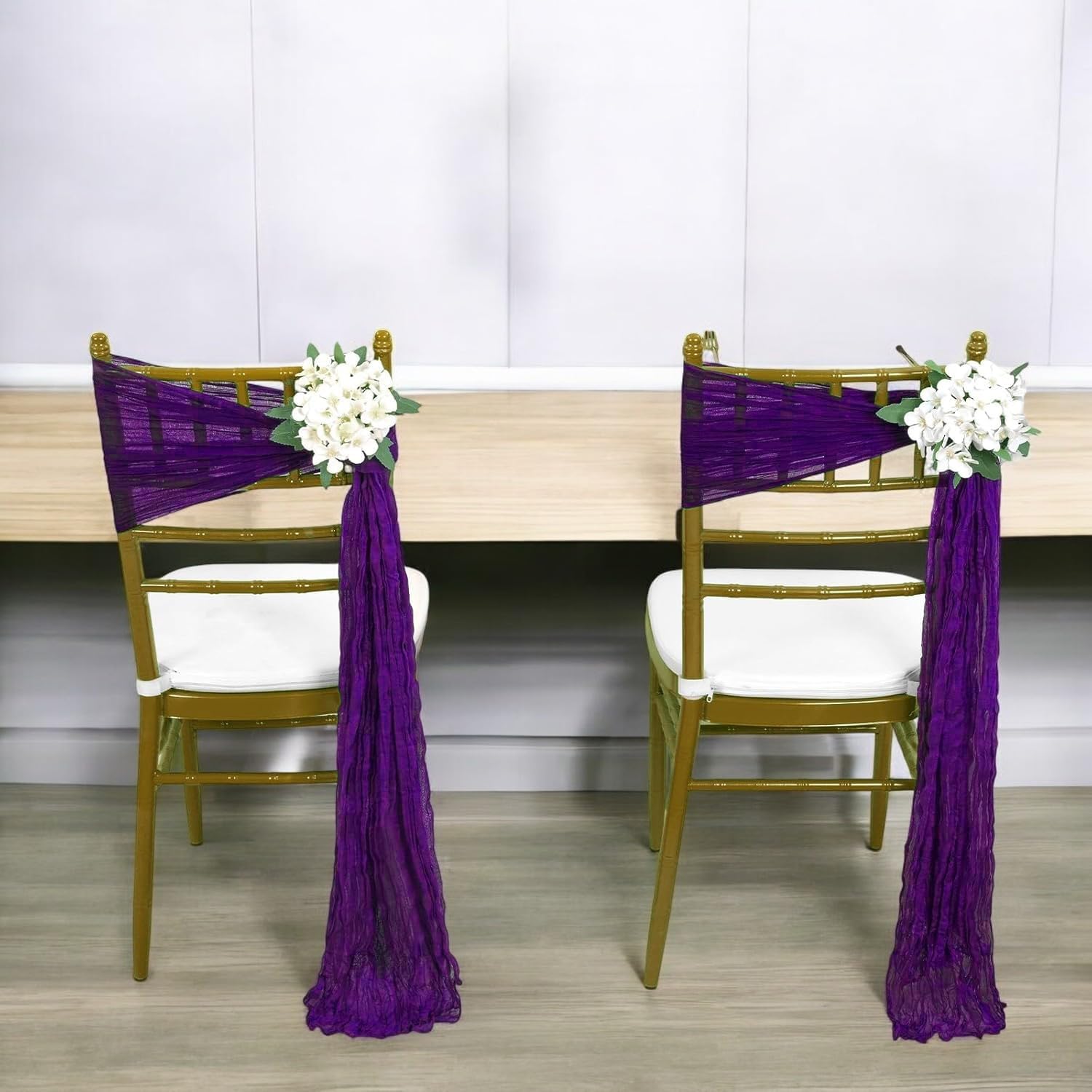 MDS Pack of 25 PCS Cheesecloth Chair Sashes 17”x70” Gauze Rustic Aisle Decorations Designed Chair Bows for Wedding Birthday Baby Shower Reception Party Banquet Hotel Event Decoration - Purple