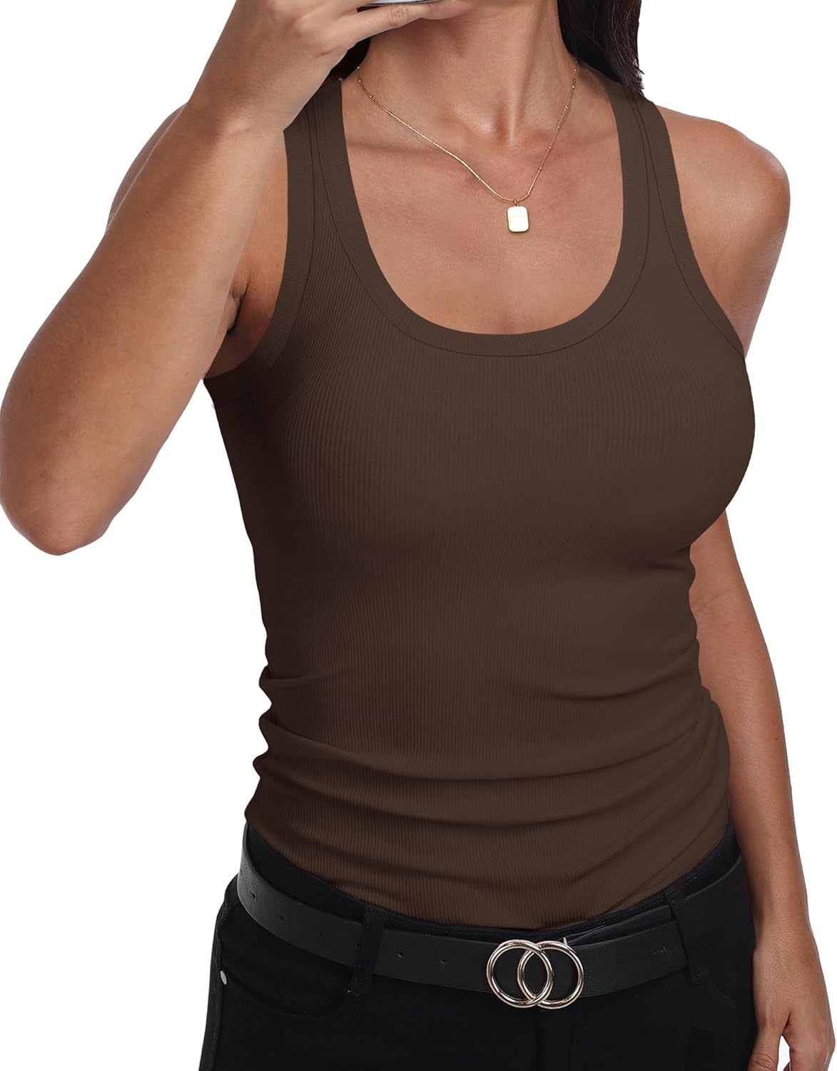 GEMBERA Womens Scoop Neck Sleeveless Racerback Ribbed Knit Slim Fitted Basic Tank Top Shirt