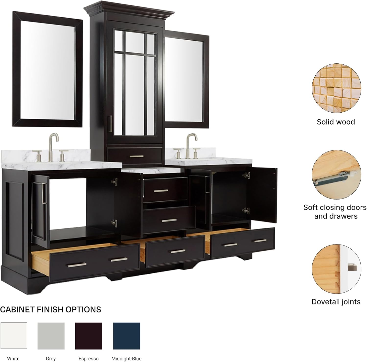 ARIEL Stafford 84-inch Bathroom Vanity with Sink,Solid Wood, 1.5-inch Italian Carrara Marble Countertop, Double Rectangular Porcelain Sink, 5 Soft Closing Doors, 6 Dovetail Drawers, Espresso
