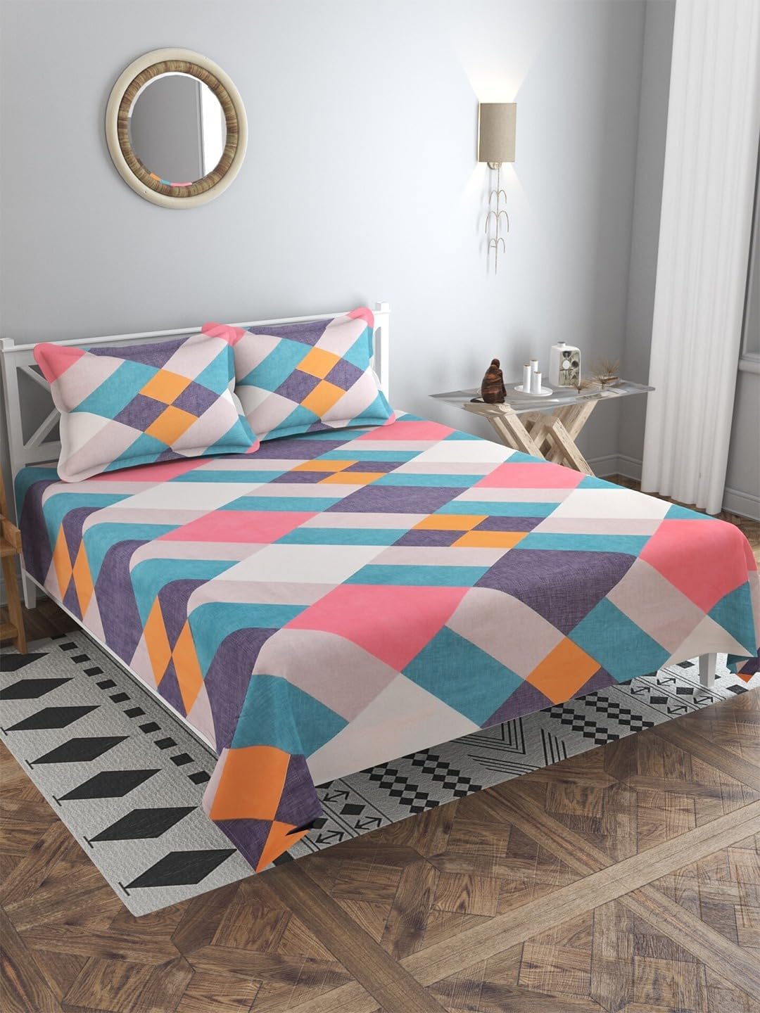 LOOMLYFE 300 TC Microfiber XXL Soft Cotton Super King Size Bedsheet for Double Bed, King Size 108 Inches X 108 Inches, 9 Feet, 275 X 275 cm with 2 Large Size Pillow Covers - MultiRectangle