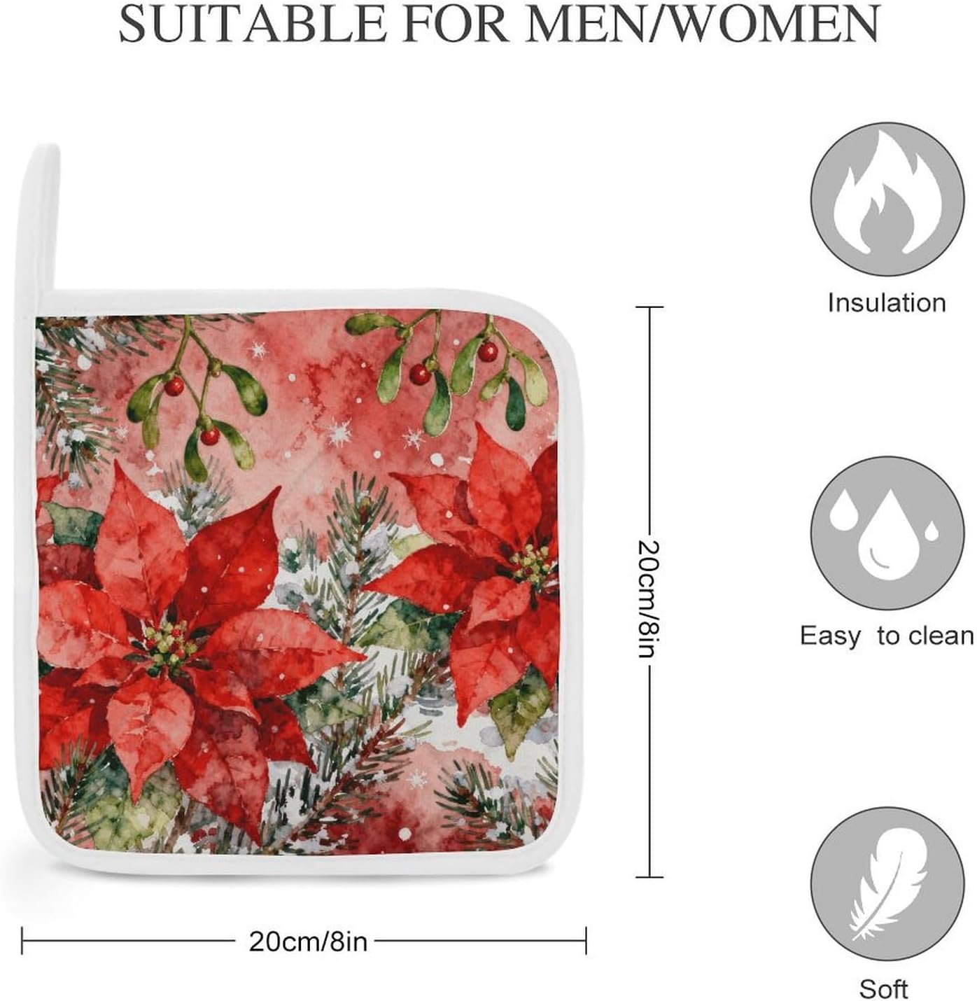 Watercolor Christmas Red Charm Polyester Heat Resistant Pot Pad Non Slip Anti Scald Hot Dish Mat Reusable Table Protector for Kitchen Hot Pot Mat Wear Resistant Heat Proof Table Pad for Countertop Din