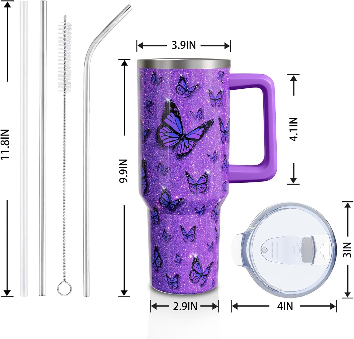Butterfly Gifts 40 Oz Tumbler with Handle and Straw Lid, Stainless Steel Insulated Cup, Water Bottle Mug for Women Men - Image 2