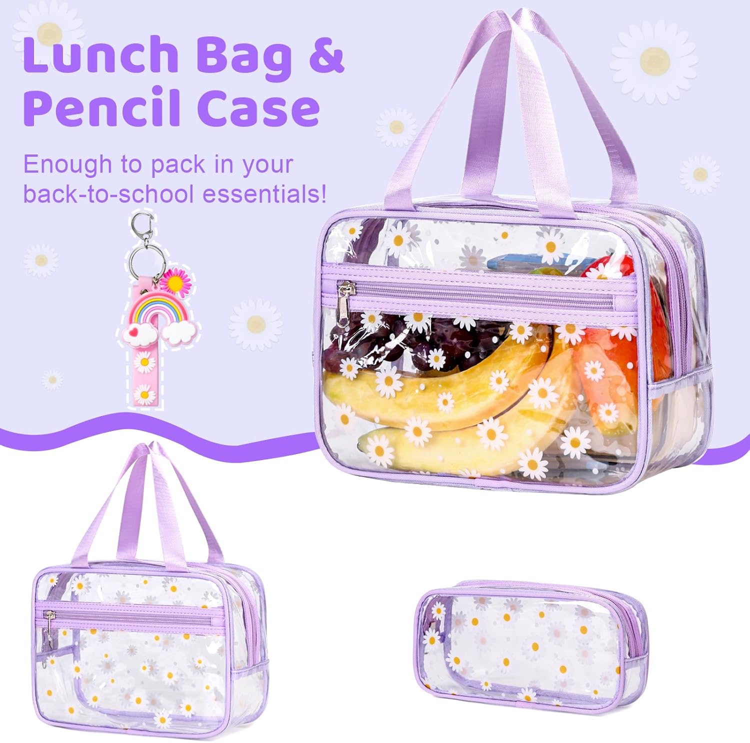 Clear Backpack for Girls - 3 Pcs Clear Backpack Heavy Duty with Lunch Bag - See Through Bookbag Stadium Approved for Kids Middle High College School Sport Travel (Purple Daisy) - Image 5