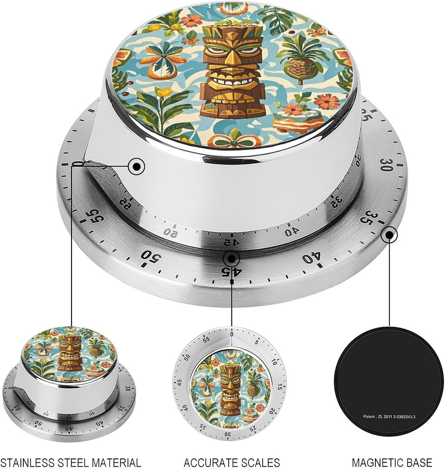 高耐久 機械式 キッチンタイマー ヴィンテージ アロハティキパターン 60分 巻き上げタイマー 磁気ベース付き 大音量のアラーム ス