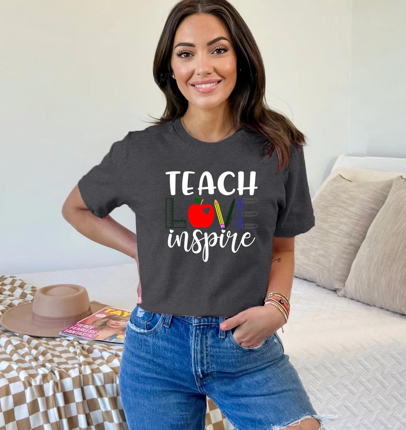 Womens Teacher Shirt Teach Love Inspire T-Shirt Teacher Life Tee Tops - Image 2