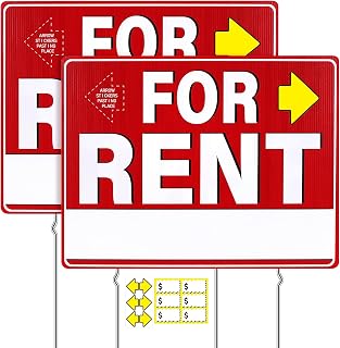 2 Pcs For Rent Sign with Stakes 17 Inches by 13 Inches 5mm Double-Sided Yard Signs with Arrow Stickers Pricing Stickers Corrugated Plastic For Rent Sign with Metal Stake Weather-Proof