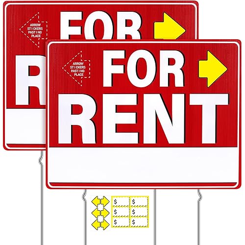 2 Pcs For Rent Sign with Stakes 17 Inches by 13 Inches 5mm Double-Sided Yard Signs with Arrow Stickers Pricing Stickers Corrugated Plastic For Rent Sign with Metal Stake Weather-Proof