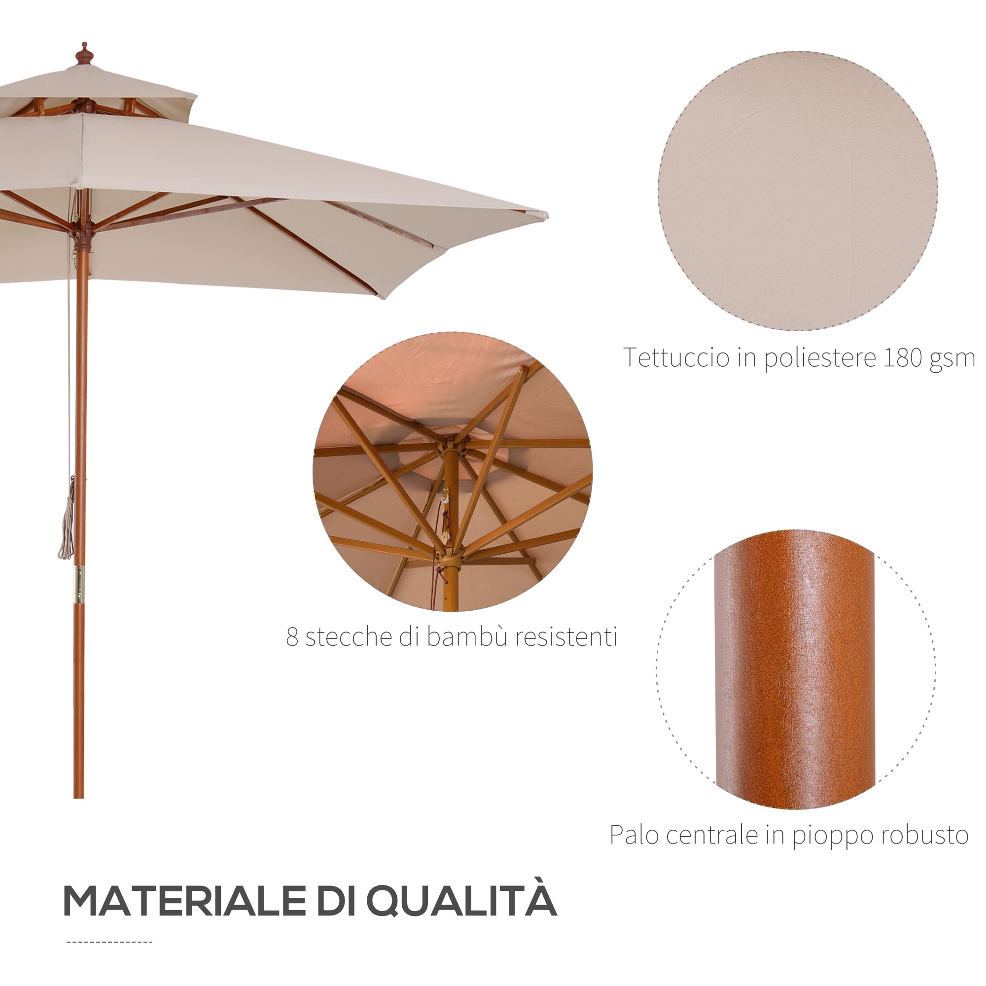 Outsunny Ombrellone da Giardino 3x3 m con Sistema a Corda, Parasole a 2 Livelli, Ombrellone da Esterno Quadrato a 8 Stecche, in Bambù, Legno Pioppo e Poliestere, per Cortile Balcone, Crema