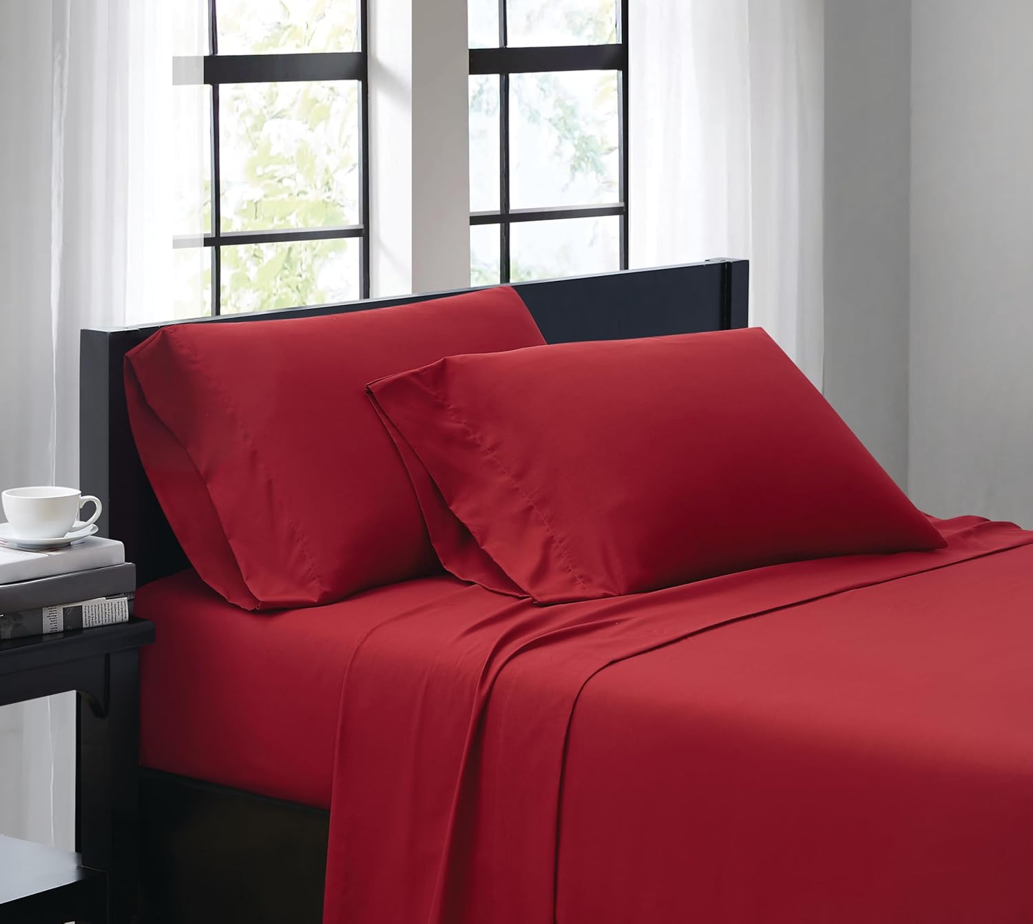TRULY SOFT Everyday Sheet Set Red Polyester 4-Piece King Sheet Set, Solid Color Themed, Adult Bedding, Oeko-TEX Certified