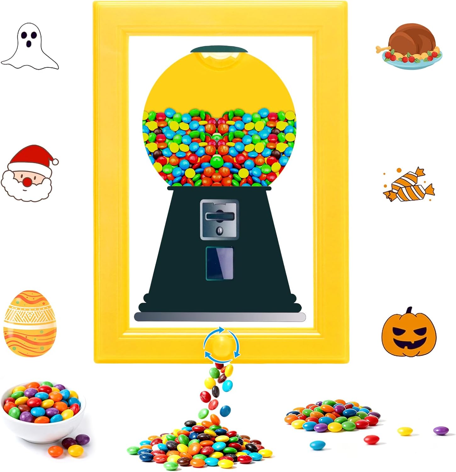 Wall Mounted Candy Dispenser Picture Frame, Handy Gumball Machine Snack Dispenser for Candies, Nuts, Dog & Cat Treats, Creative Hanging Sweet Display, Birthday & Holiday Gifts (Yellow)