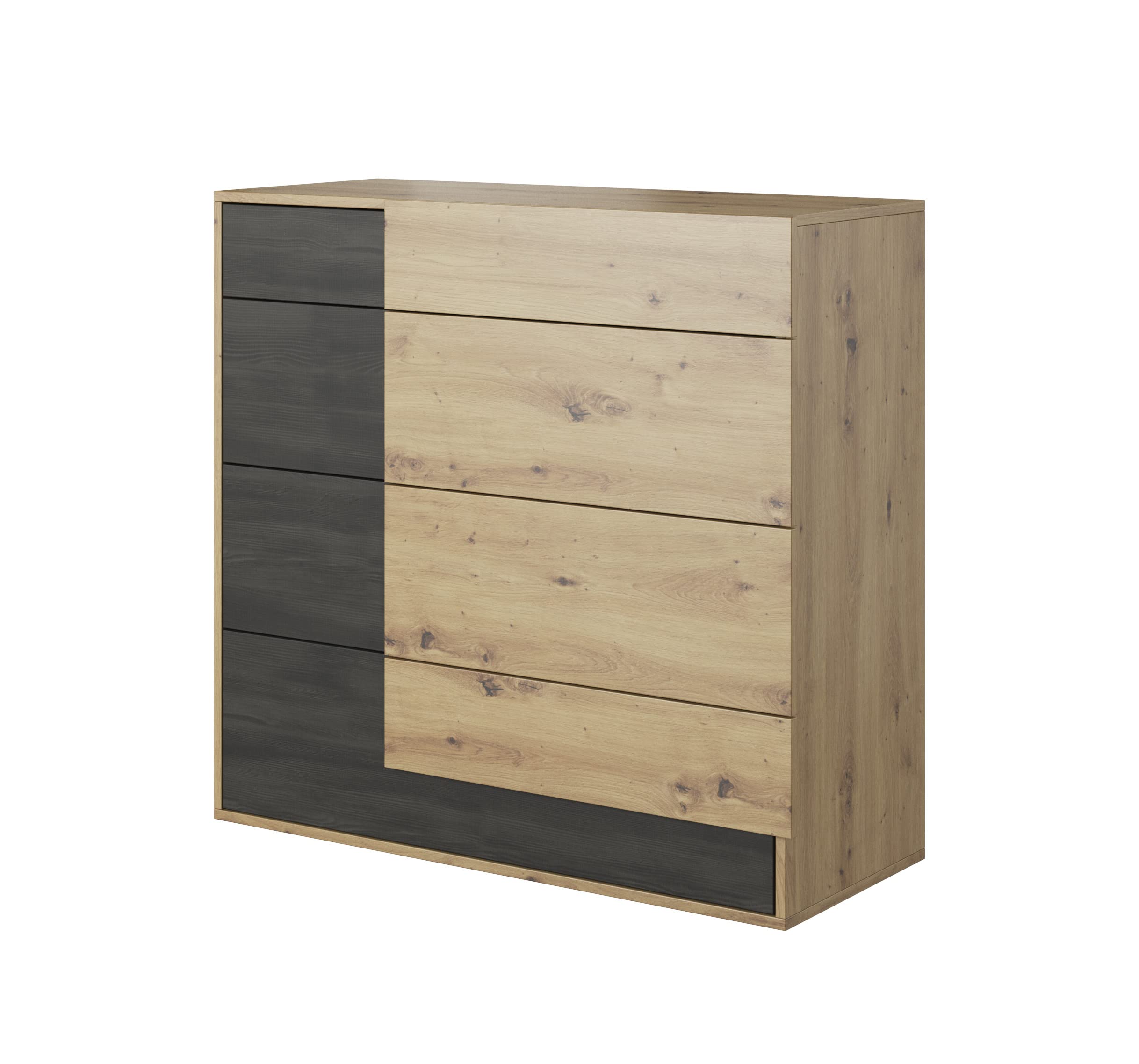 Fabryka Mebli Idźczak Schlafzimmer-Set Bafra Bettgestell - Doppelbett Ehebett mit Superb-Matratze - Kleiderschrank mit Spiegel, Nachttisch, Kommode - Artisan Eiche/Schwarze Norwegische Kiefer