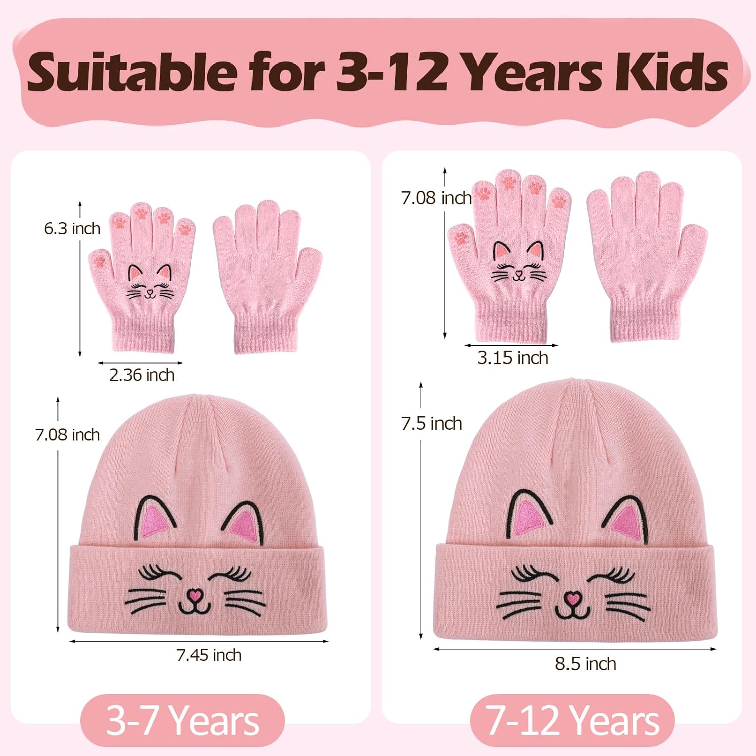 Cat Embroidered Girls Beanie Hat and Gloves Set Kids Knitted Hat Unisex Skull Cuffed Skiing Caps Hats 3-12 Years - Image 3