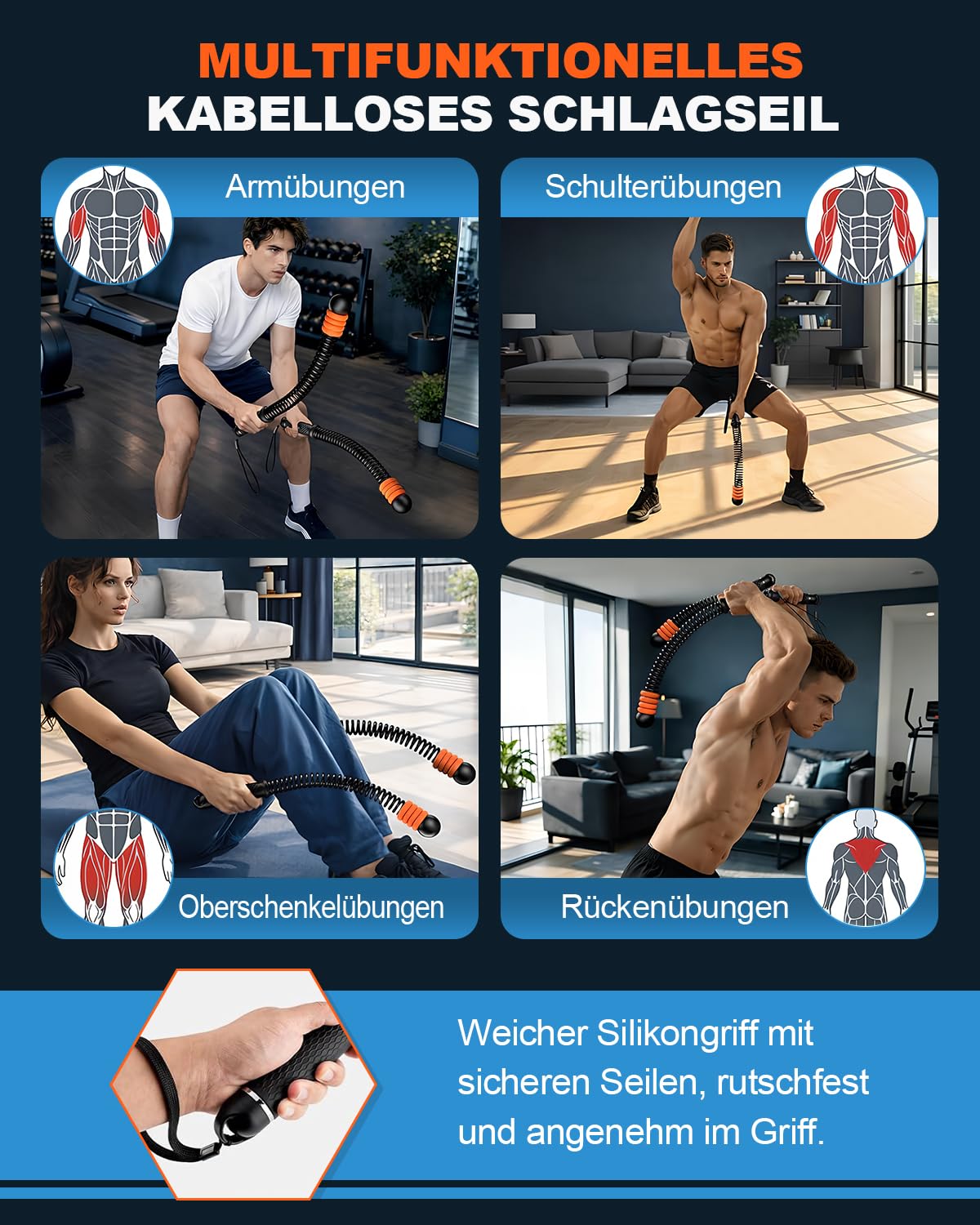 Battle Ropes Ropeless, Battle Rope ohne Seil, mit 8 einstellbaren Widerstandsfedern und Aufbewahrungstasche für das Training zu Hause, tragbar für Krafttraining und Cardio-Fitness