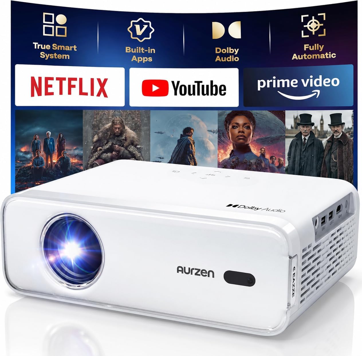 Aurzen EAZZE D1 Smart Portable Outdoor Projector with WiFi and Bluetooth | Built-in APP, Native 1080P, HDR10, Auto Focus/Keystone, DoIby Audio 16W Speakers, Mini Projector for Home & Outdoor Movie Use