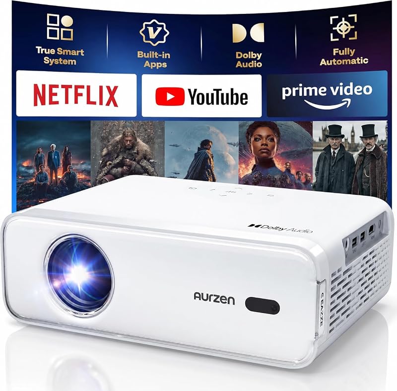 Aurzen EAZZE D1 Smart Portable Outdoor Projector with WiFi and Bluetooth | Built-in APP, Native 1080P, HDR10, Auto Focus/Keystone, DoIby Audio 16W Speakers, Mini Projector for Home & Outdoor Movie Use