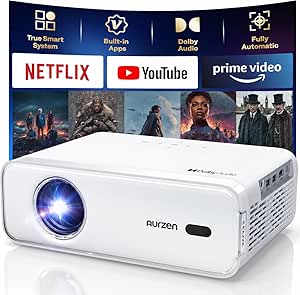 [NetfIix Officially & DoIby Audio] Aurzen Eazze D1 4K Supported Smart Projector with Auto Focus & Auto Keystone, 50% Zoom, HDR 10, 60Hz Portable Projector for iOS/Android/USB/TV Stick,White