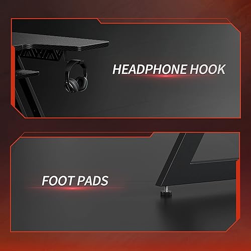 Miniatura 7 de CubiCubi Escritorio para juegos con luces LED y tomas de corriente, escritorio de superficie de fibra de carbono en forma de L de 47 pulgadas con