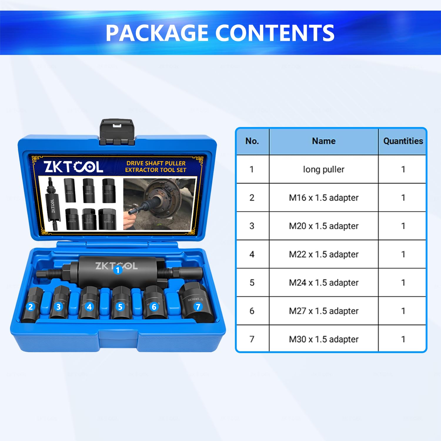 ZKTOOL 7-teiliges Werkzeug zum Entfernen der Antriebswelle, Kompatibel mit BMW, VW und den Meisten Anderen Modellen, mit 6 Adaptern M16, M20, M22, M24, M27, M30